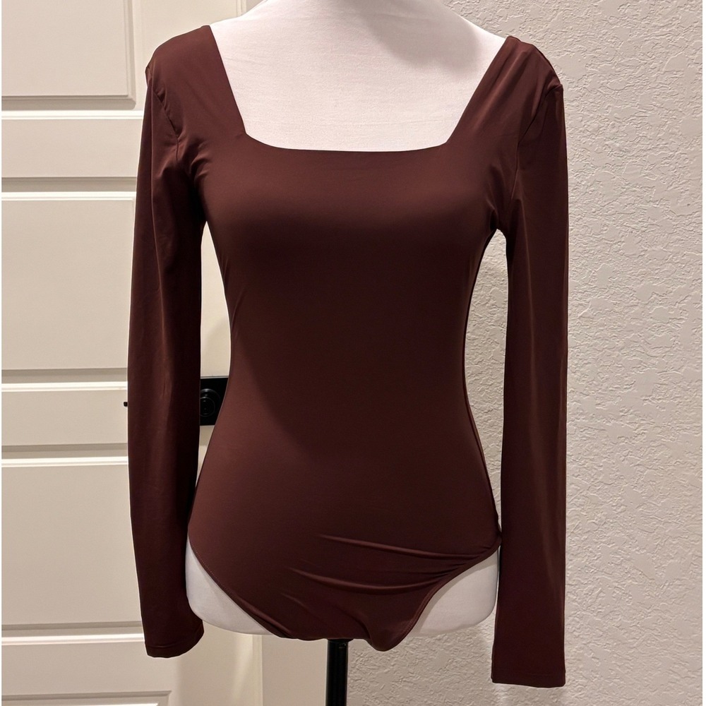 Quince Bodysuit Womens Medium Brown Square Neck Long Sleeve